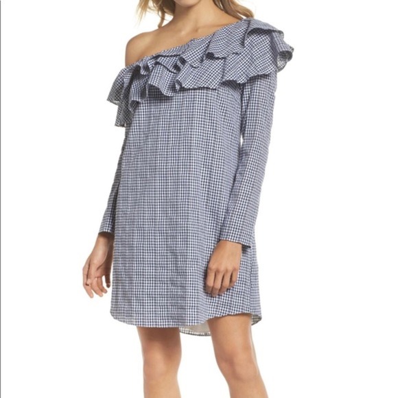 Adelyn Rae Women's Dress Size L Blue White Gingham One Shoulder Ruffle - Picture 1 of 5